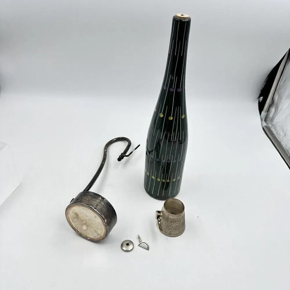 Vintage Ferri Marmaca Italian Ceramic Wine Pitcher Jug Metal Silver Holder 1940s